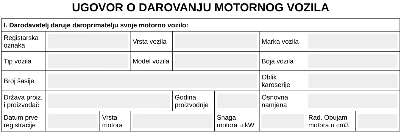 Podaci o vozilu koje je predmet darovnog ugovora