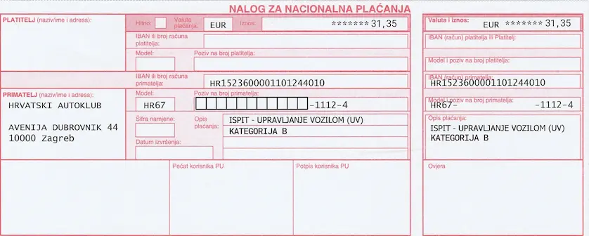 Uplatnica za ispit iz predmeta Upravljanje vozilom (UV) za autoškolu